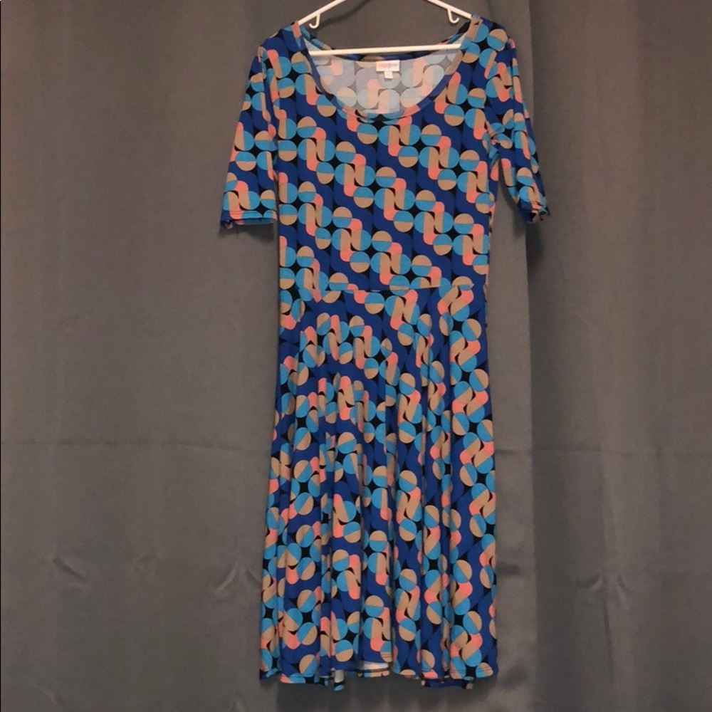 LulaRoe Nicole dress with modern pattern